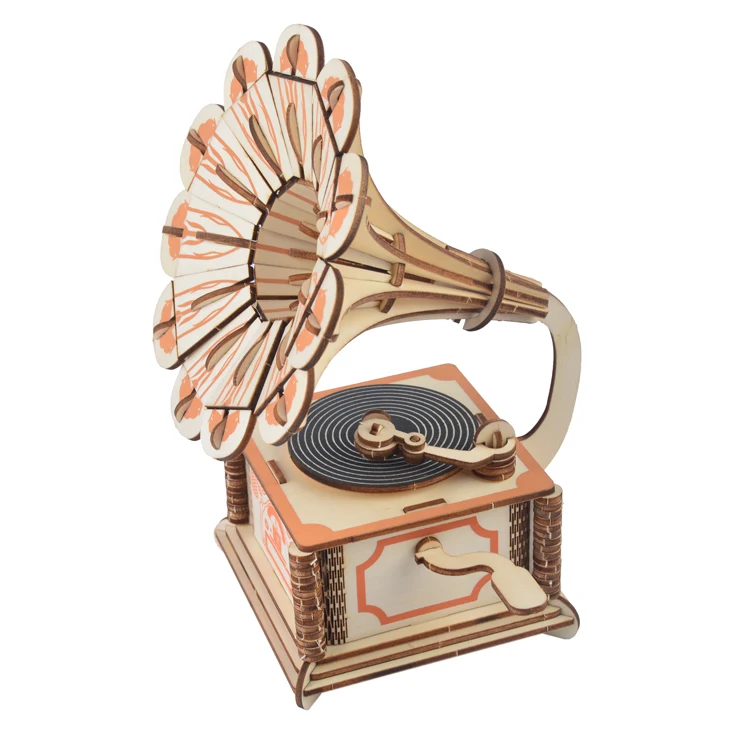 Funny Number Early Learning High Quality 3D DIY Wooden Home Decoration Craft of Phonograph