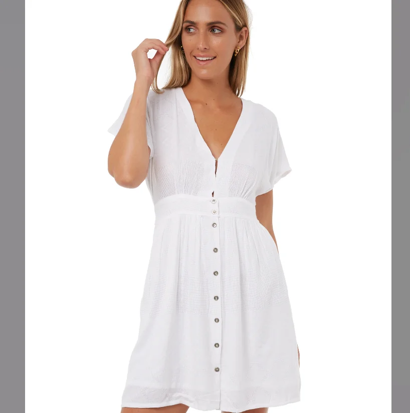 Sexy white V neck linen front single breasted dresses women, new women frock design for wholesale