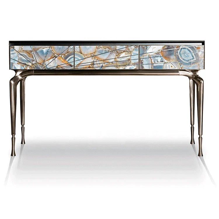 Modern luxury agate stone stainless steel console table Vissionaire style rose gold champaign gold living room console tables