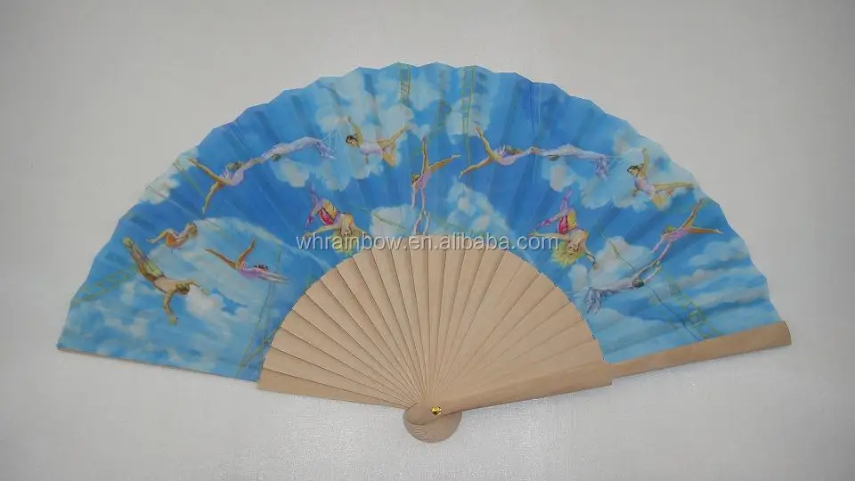 23cm natural wood handle folding fan with full printing fabric