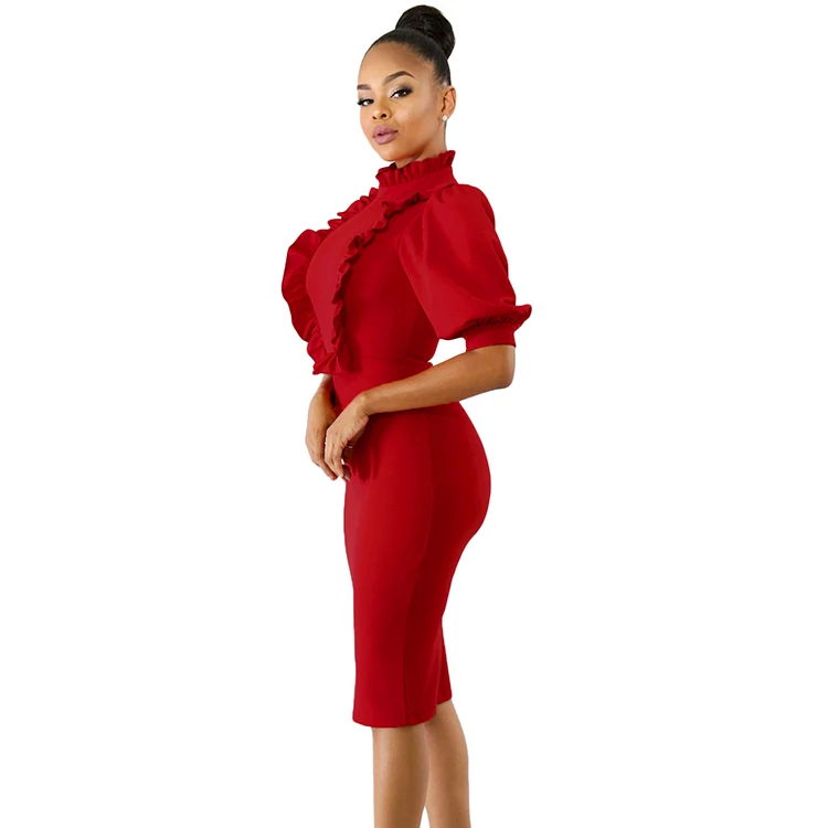 Женское элегантное платье с рюшами, высоким воротом и рукавами-фонариками