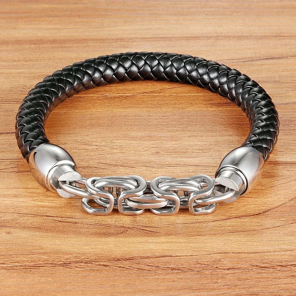 New Fashion Genuine Leather Bracelet Men Casual Classic Stainless Steel Bracelets Brand Wrap Charm Male Bracelets
