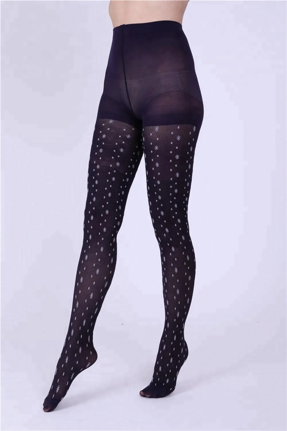 Hot sale high elasticity soft breathable fabric winter female black snowflower  printed  stockings