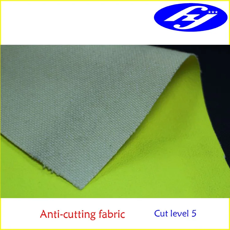 EN 388 cut level 5 plain weaving Kevlar fiber cloth with yellow color fluorescent PU coating