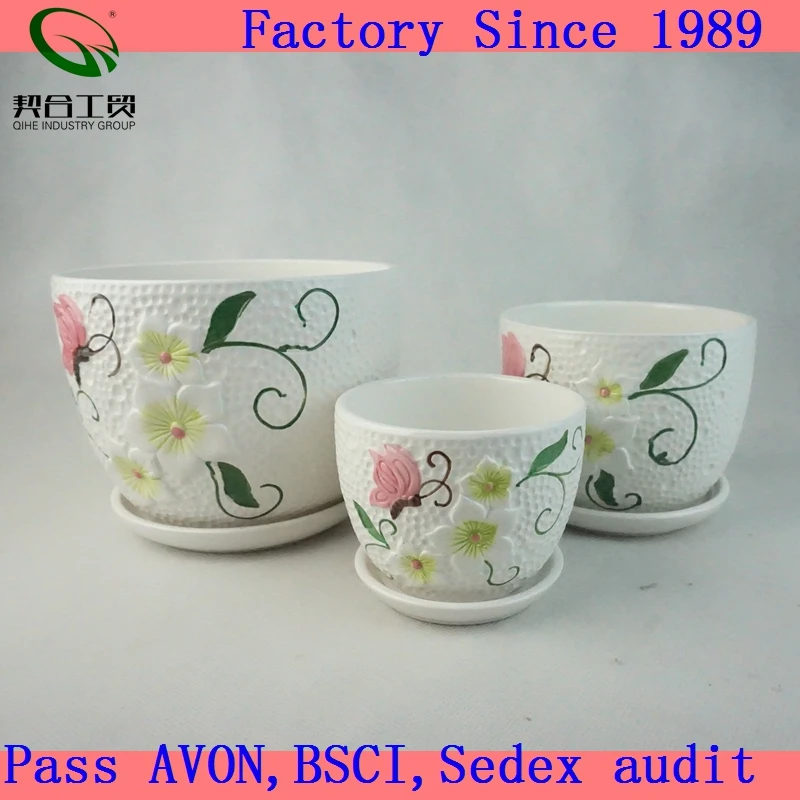Set of 3 Small to Medium Sized Round Modern Ceramic Garden Flower Pots White Plant Pot Ceramic