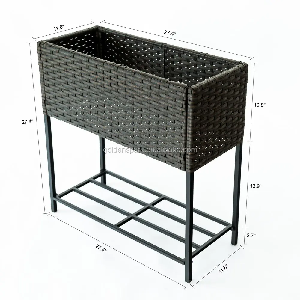 Wicker Plant Stand Indoor Outdoor Raised Rectangular Planter Box, Elevated Flower Pot Stand Holder with Shelf, Black Metal Frame