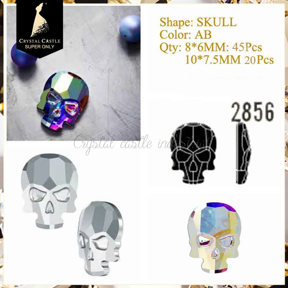 Crystal Castle bulk sale 2856 skull glass crystal ab hotfix strass nail crystals rhinestones flat back