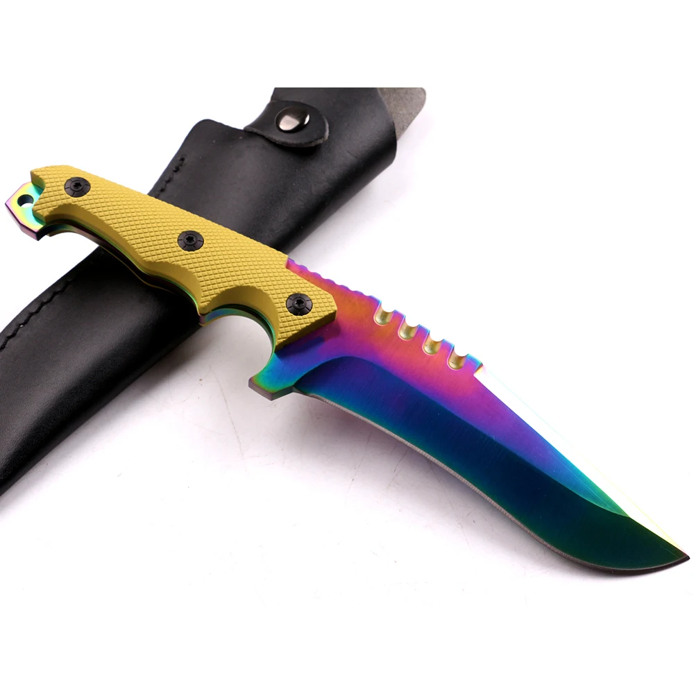 
Colorful titanium coating 5CR13MOV fixed blade knife hunting survival knife with ABS and glass fiber handle 