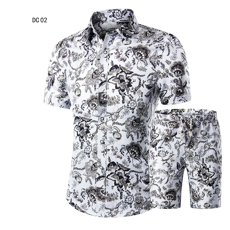 Mens short Sleeve shirt Summer Style Short Suit print plus size Set with stock price