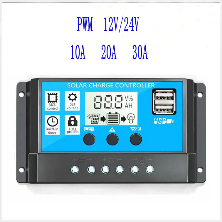 60A/50A/40A/30A/20A/10A 12V 24V Auto Solar Charge Controller PWM With LCD Dual USB 5V Output Solar Cell Panel Regulator PV Home