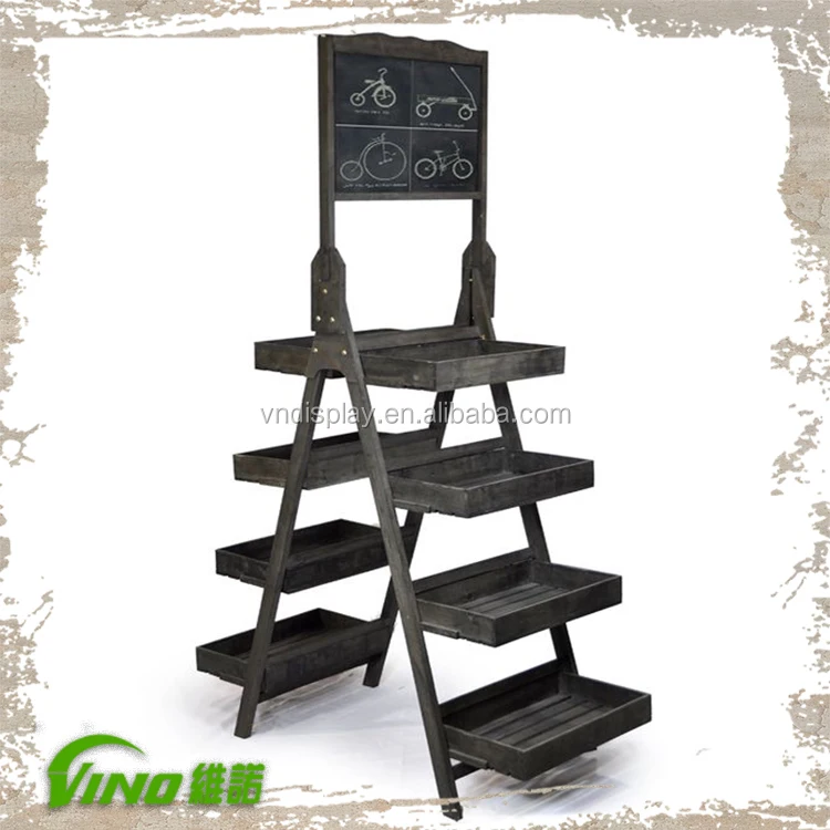 Double Sides advertising display wood shelf, Rustic Vintage wooden ladder shelf with Chalkboard wooden supermarket shelves