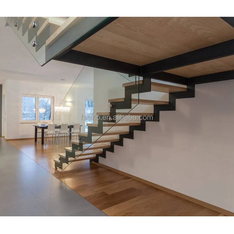 
Straight staircase design with solid wood treads or laminated glass treads indoor used 