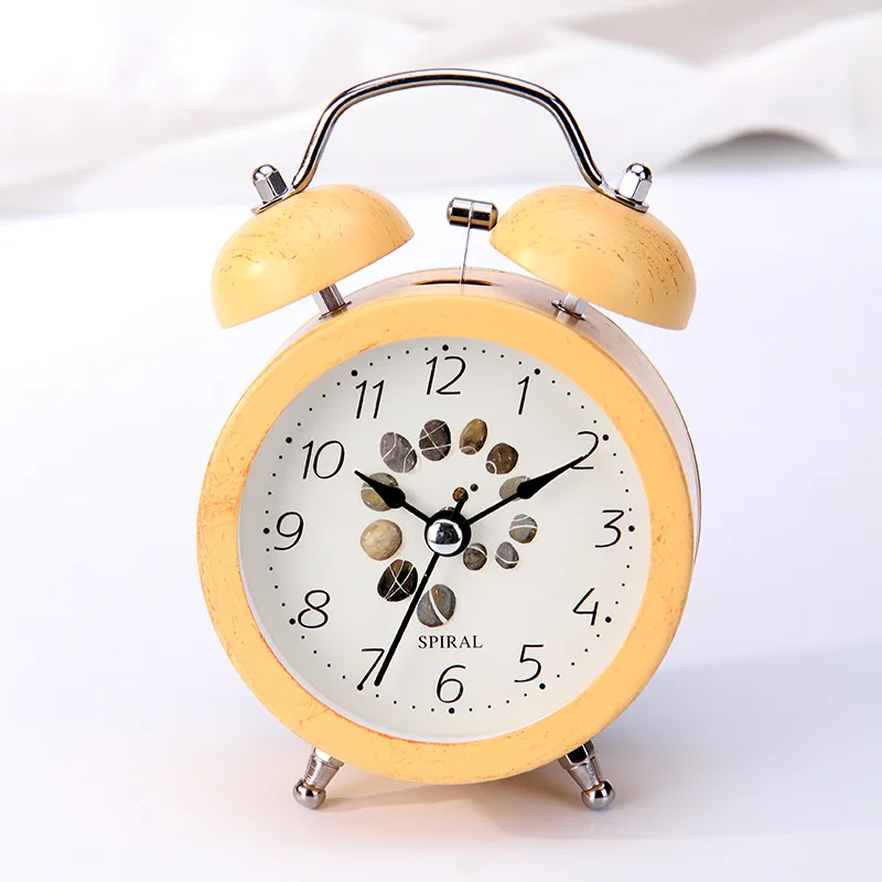 Metal twin bell alarm clock 3inch size with bamboo finishing case