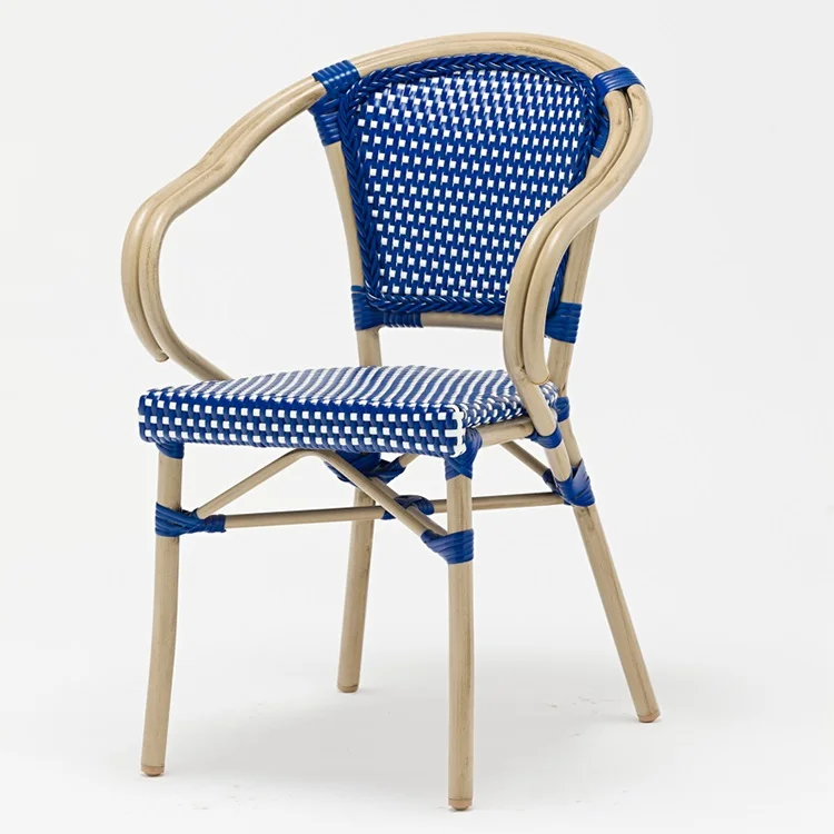 Плетеный стул синего и белого цвета, обеденный стул из ротанга