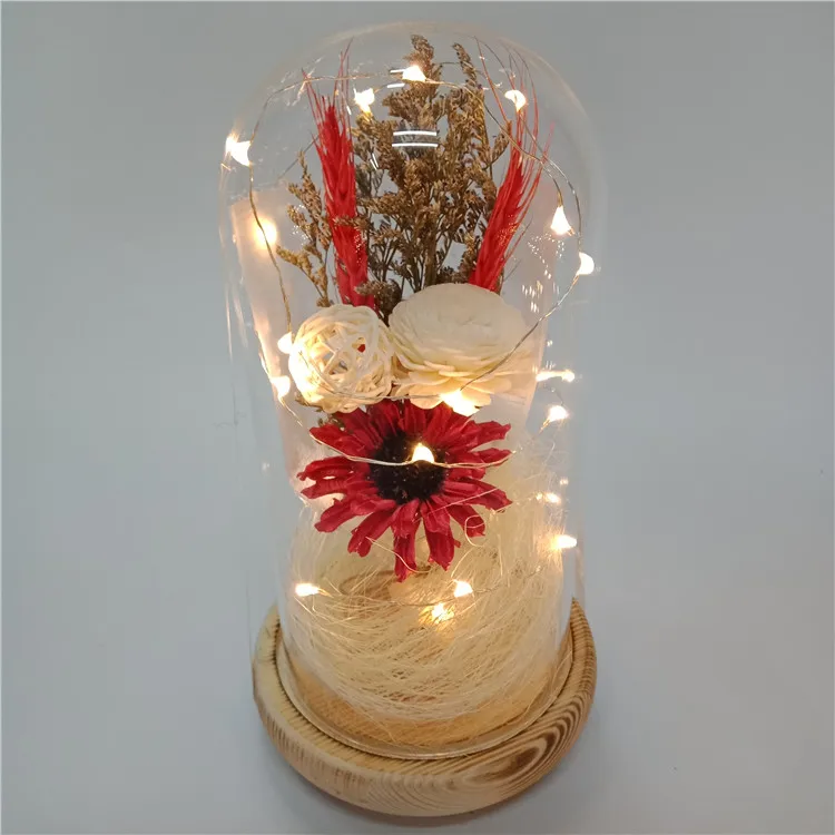 Red series preserved rose in glass dome carnation artificial flowers artificial in glass dome with led light gift for festival