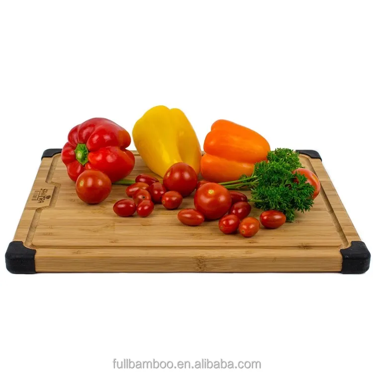 Large Bamboo Cutting Board With Non Slip Silicone Feet, Natural Organic Bamboo Chopping Board With Groove