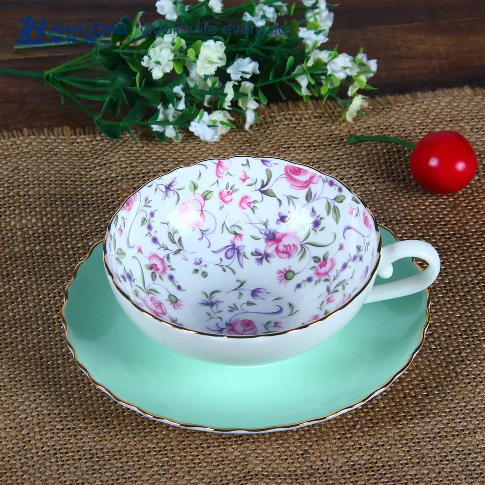 WIde Mouth Hot sale rose inside cups fine ceramic tea cup and saucer set
