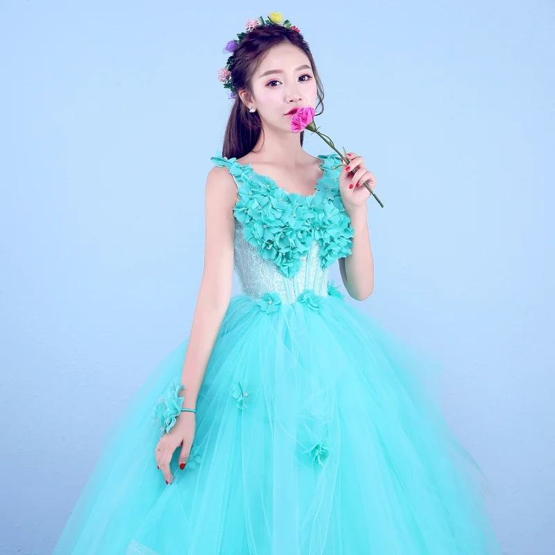 Sexy Lake Blue V neck Audition Performance Solo Ball Gown Wedding Banquet Host Dress For Women