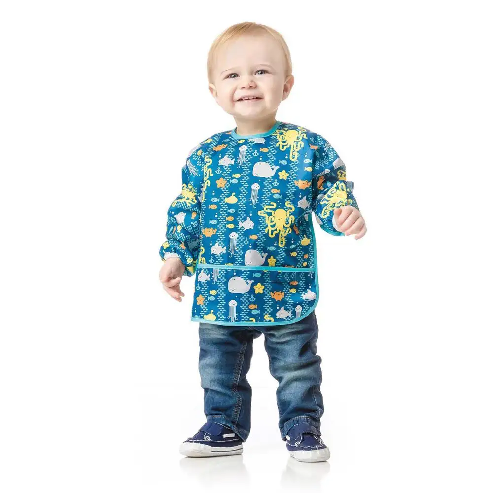 Easy to wipe oil stain proof full-length long sleeved waterproof baby smock feeding bib for 6-24 months