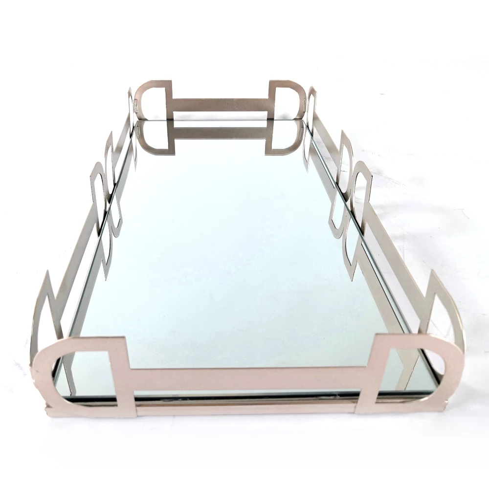 100% handmade rectangle rose gold mirror glass metal serving tray with handles for home decor and hotel