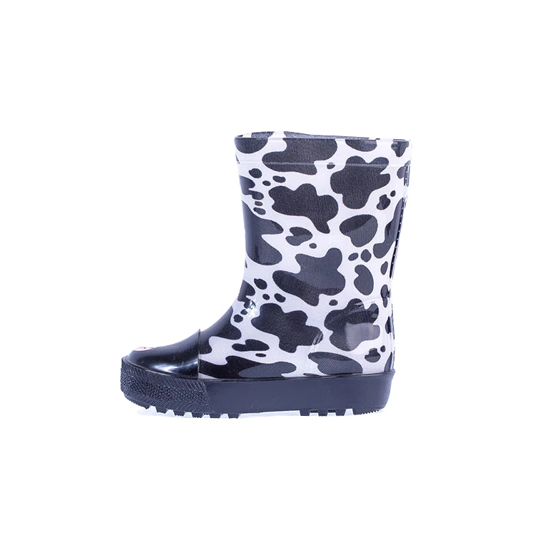 Children lovely pvc rain boot cow printed lining boots for wholesale popular light weight waterproof cheap anti-slip shoes