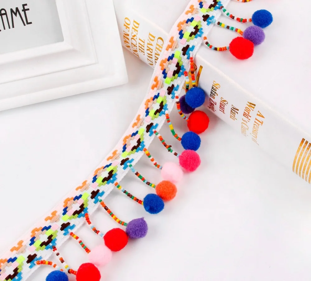 Wholesale Best Selling 6.5cm Multicolor Pompom Tassel Beaded Fringe Trim for Clothing