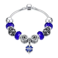 Fashion Silver Color Sapphire Glass Beads Bracelet Four Leaf Clover Enamel Metal Charm Bracelet for Women