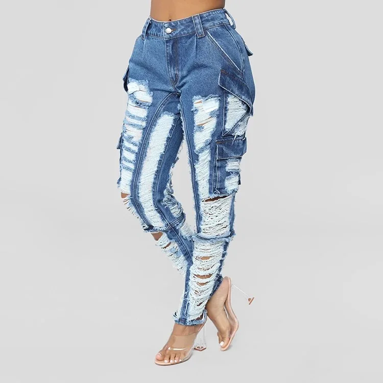 Xuhui Индивидуальные женские брюки большого размера с высокой талией состаренные длинные узкие женские джинсы