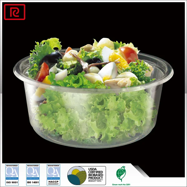 R-PLA 8oz 12oz 17oz 20oz 24 oz clear food salad fruit disposable glass container plastic bowls with lids