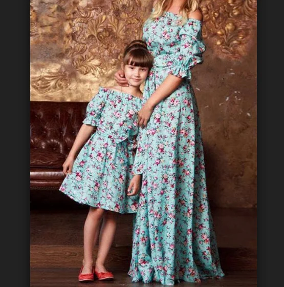 Fancy mom and daughter matching clothing, stylish mother and girls dresses printed party dress image