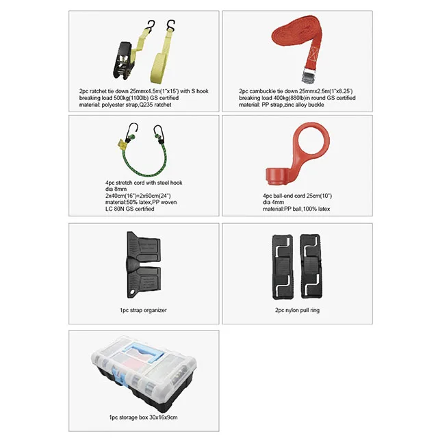 GS certified 16pcs tool kit bungee cord cam buckle straps ratchet tie down set