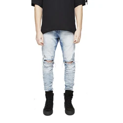 Мужские эластичные рваные облегающие байкерские джинсы, зауженные джинсовые штаны с резинкой, брюки-бермуды со складками, джинсы с вырезами на коленях