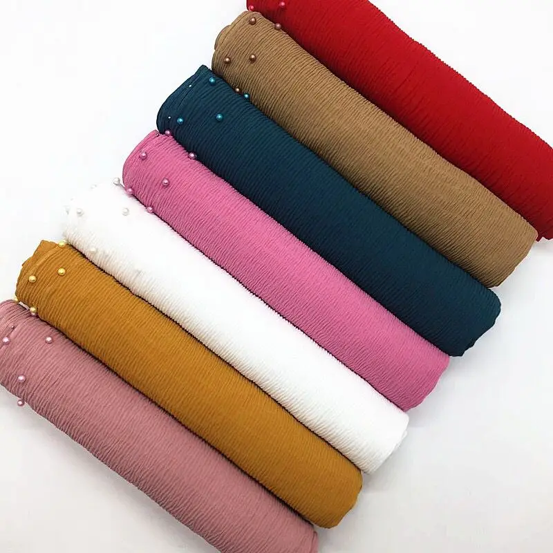 Wholesale crinkle chiffon hijab with pearls pleated chiffon scarf