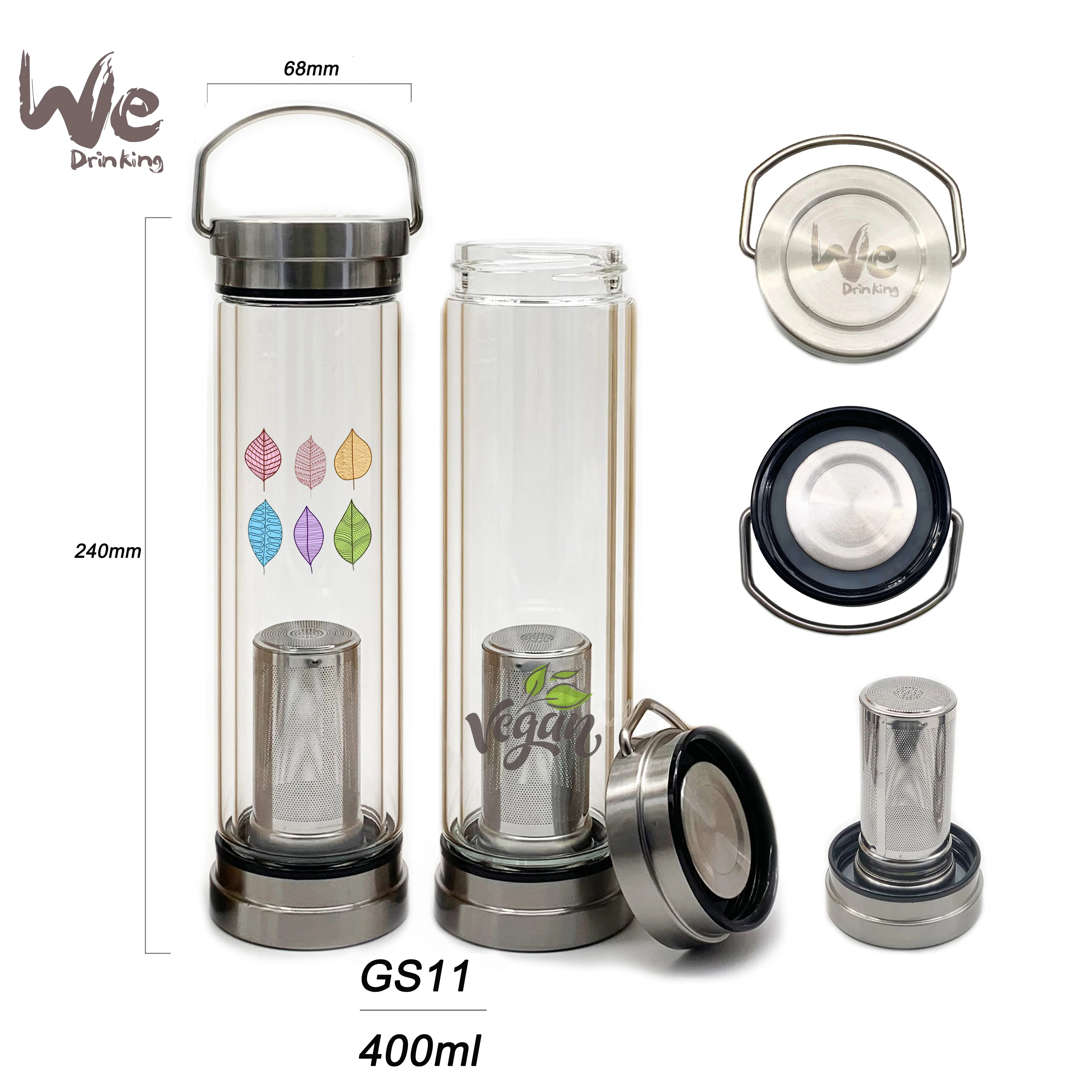
GS10 400ml Glass Tea Infuser Travel Mug with Strainer and 2 Steel Lids for Loose Leaf Tea Matcha Fruit and Cold Brew Coffee 