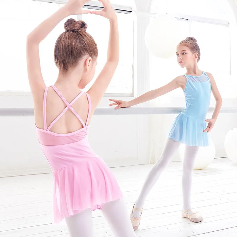 Straps Mesh Girls Ballet Leotard Dress With Skirt