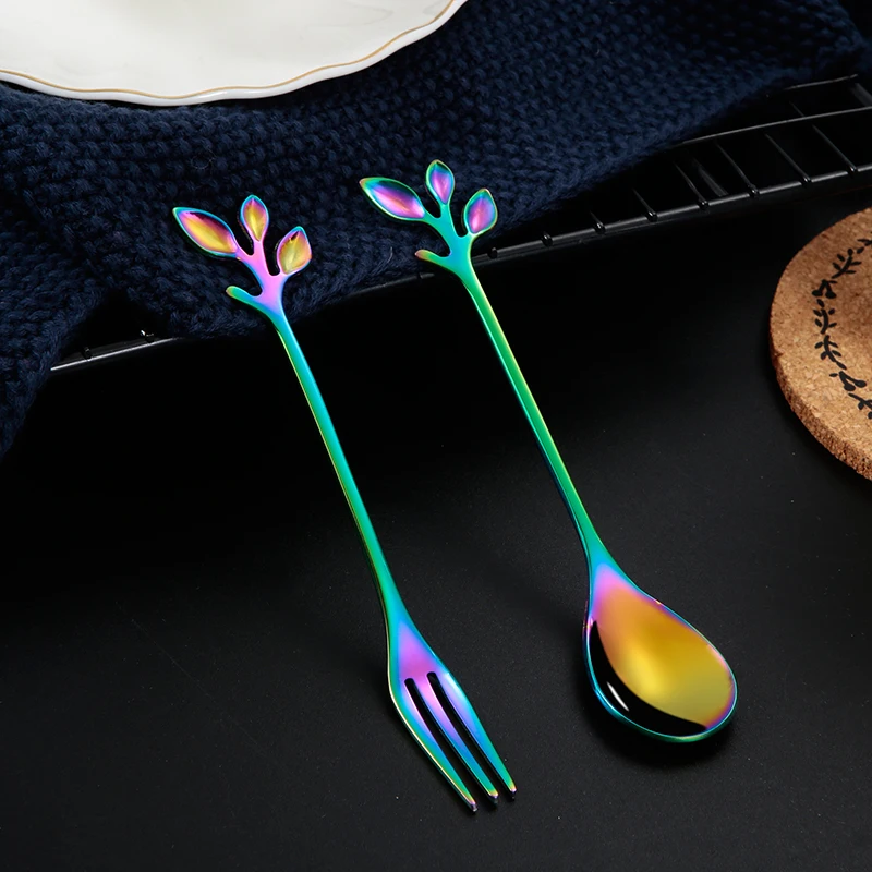 Hot Sale Stainless Steel coffee spoon fruit fork for gift  gold leaf spoon fork set