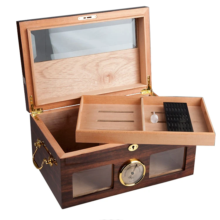 
Wholesale Transparent Acrylic Sunroof Cedar Wood Cigar Humidor Storage Box with Handles Design Lock Hygrometer Humidifier 