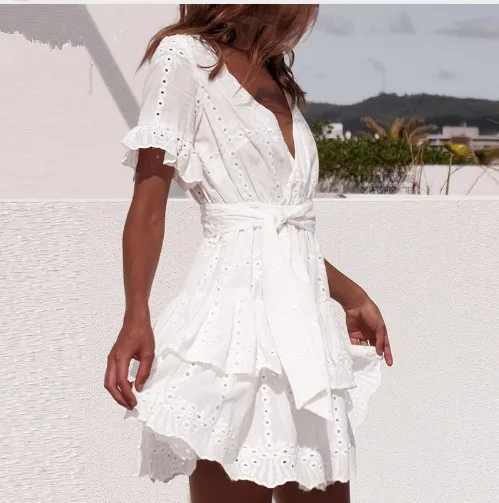 Sexy Short Sleeve V Neck Hollow Out Mini Dress With Sash For Ladies