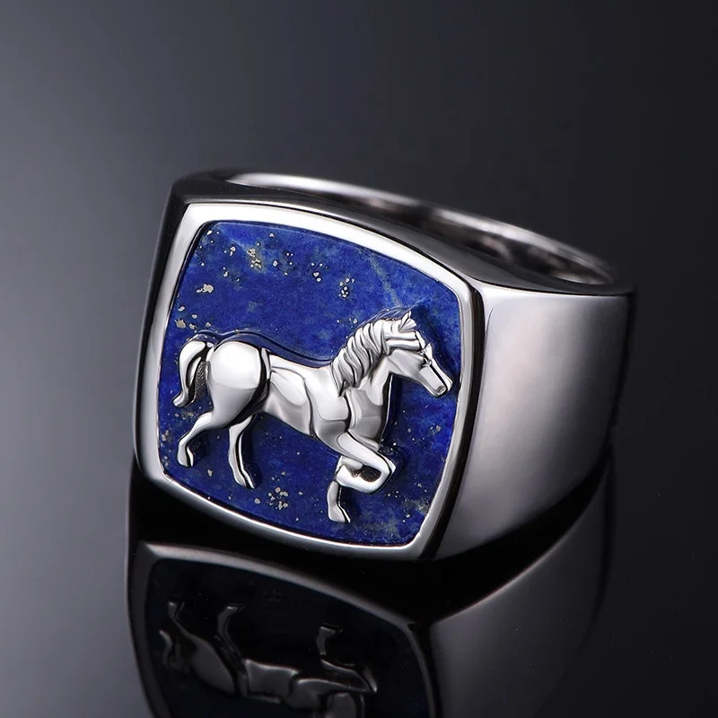 Custom personality design sterling silver 925 fashion men jewelry gift black enamel horse ring