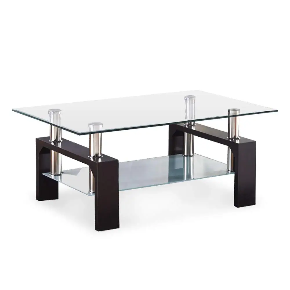 Coffee End Side Table with Shelves Living Room Furniture Rectangle Shape Clear Glass Top&Glossy Walnut Finih Legs