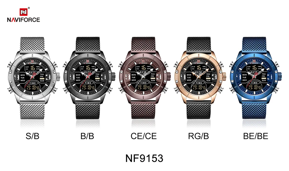 Naviforce 9153 Watch Men Luxury Big Dial Stainless Steel Mesh Mens Wristwatch Waterproof Digital Quartz Other Watches