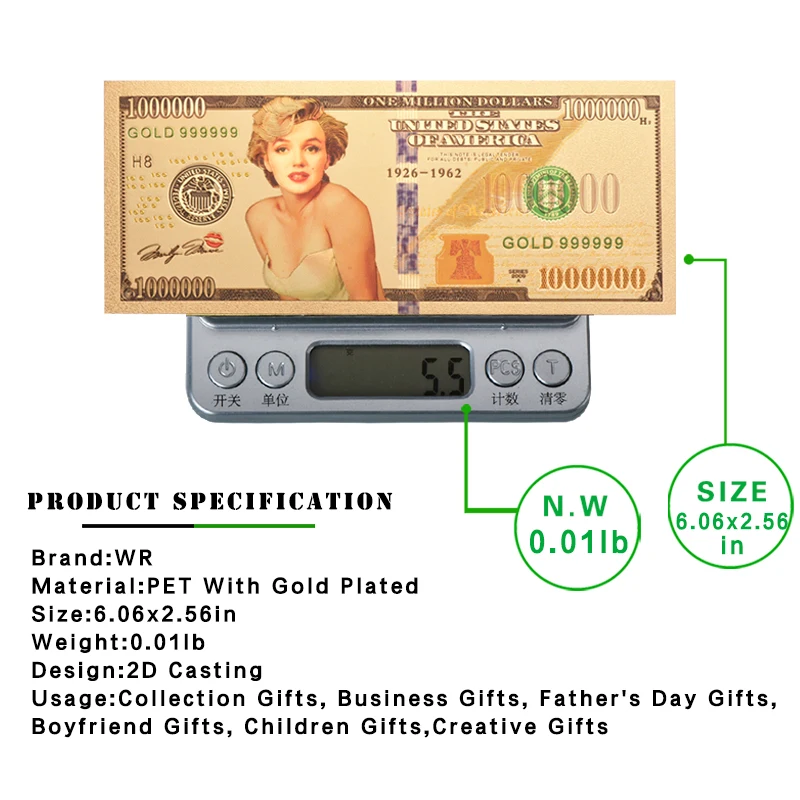 Amazon New Sale Custom Gold 999999 One Million Dollars Color Marilyn Monroe Coins Gold Foil Banknote For Collection
