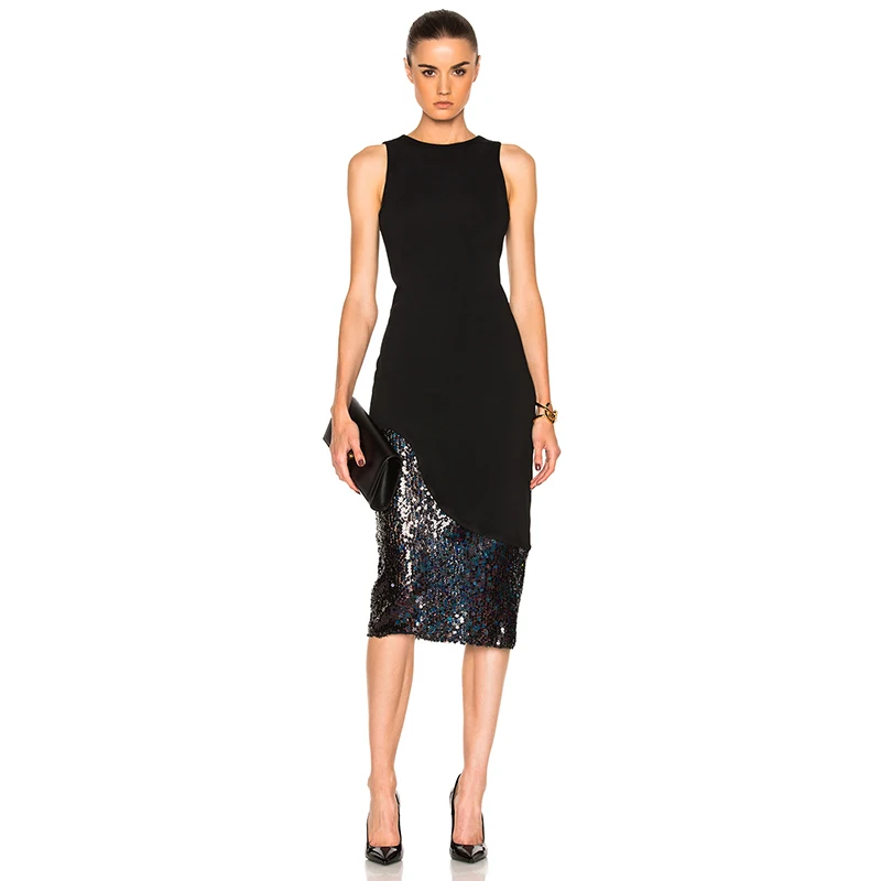 2019 элегантное черное платье миди с блестками металлическим блеском