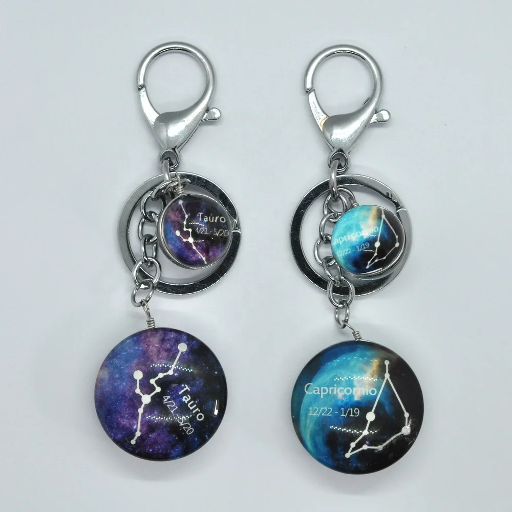 12 Constellation Keychain Key Tag Galaxy Star Astrology Glass Pendant Zodiac Sign Keyring Alloy Keyring Jewelry Birthday Gifts