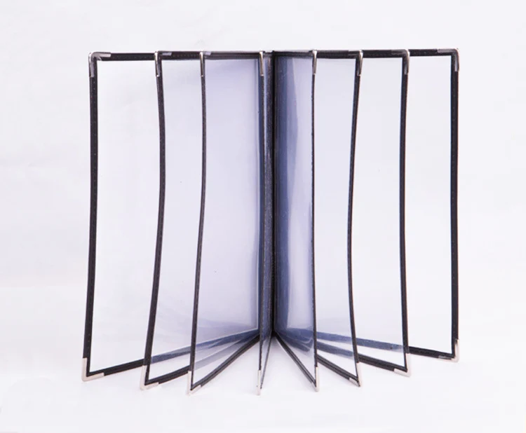 Cheap Metal Corner 12 16 20 Views 6 8 10 Pages Restaurant PU Leather And Clear A4 PVC Menu Cover