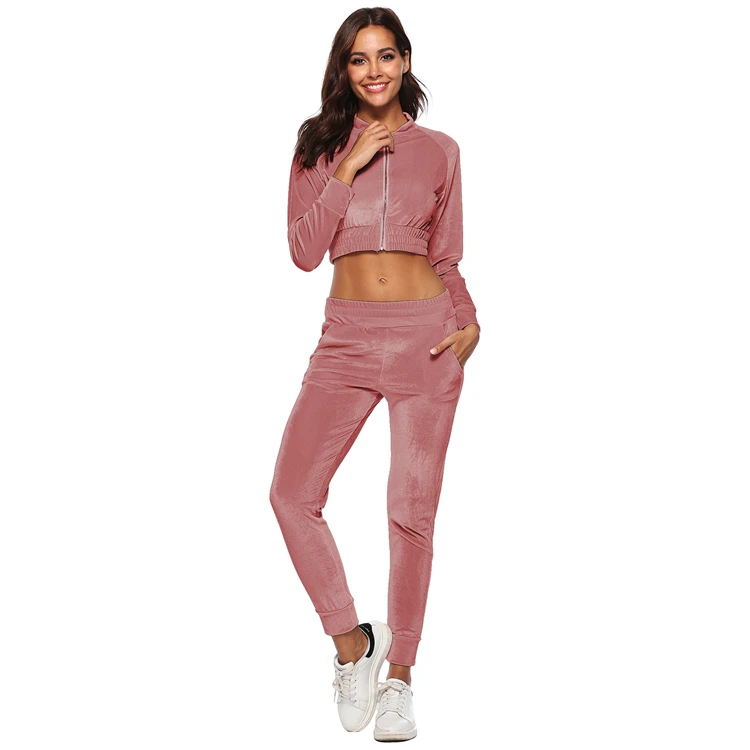 Custom Full Zipper Tracksuit Womens Pink Jogging Suit Velour Women Tracksuit Set