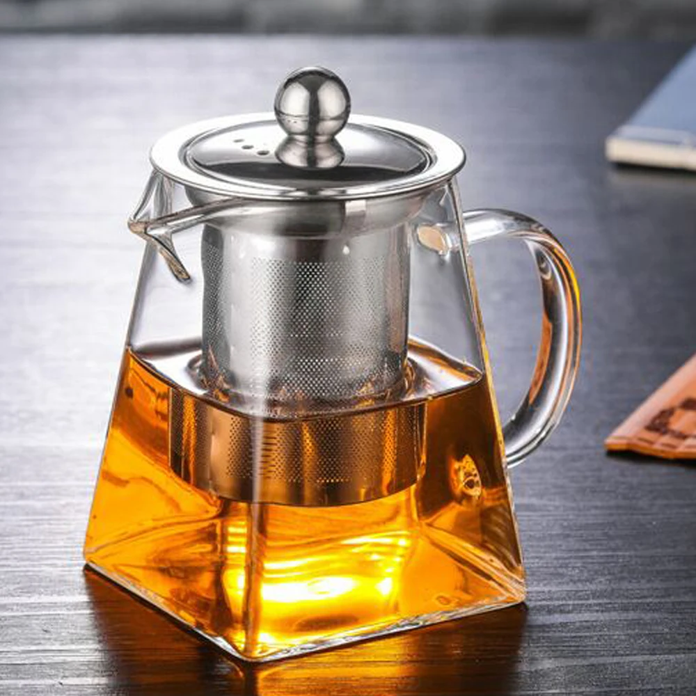 Heat Resistant Stainless Steel Handcrafted Borosilicate Glass Square Shape Tea Pot With Infuser