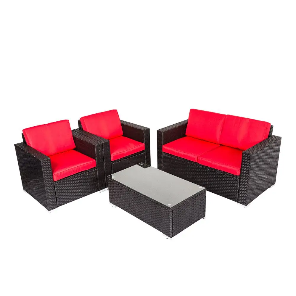 4PCS Outdoor Patio Furniture PE Wicker Rattan Sofa Set Red