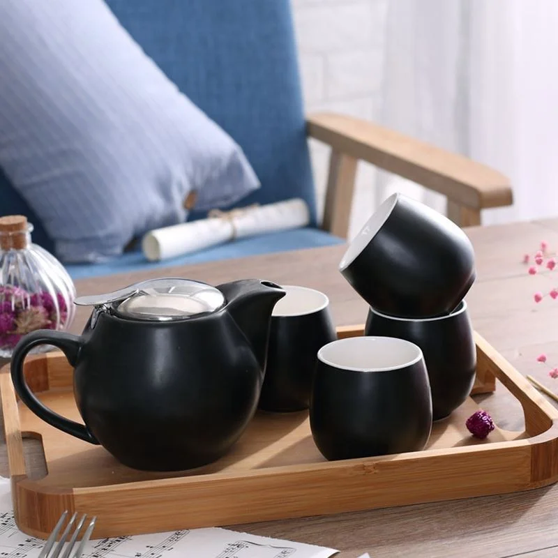 High Quality Nordic Design Matte Ceramic Pink Tea Pots And 4 Tea Cups Set And Saucer