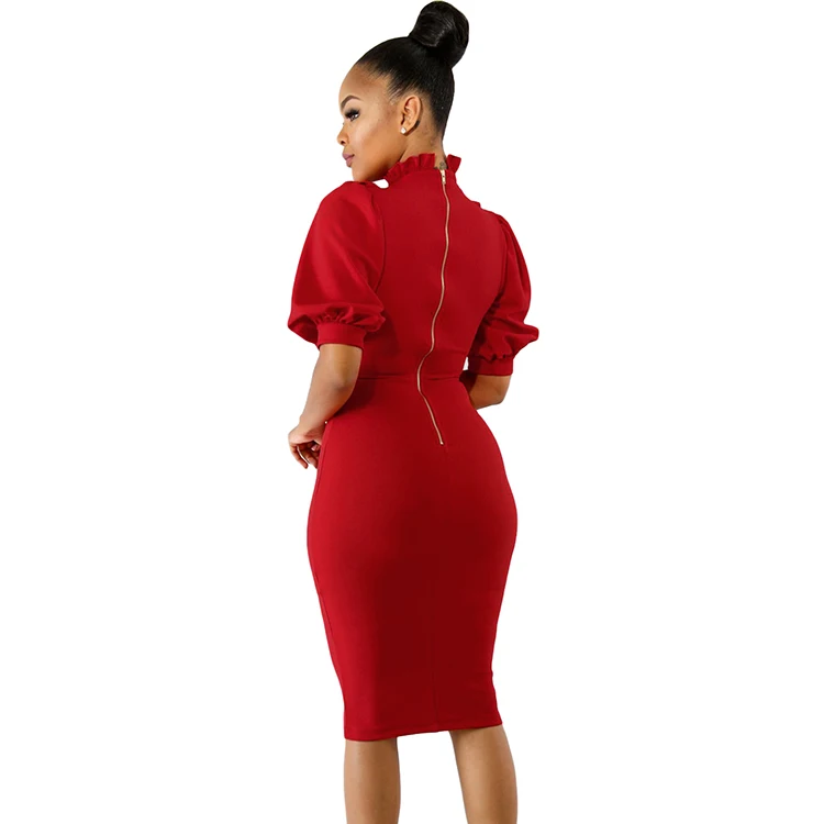 Женское элегантное платье с рюшами, высоким воротом и рукавами-фонариками